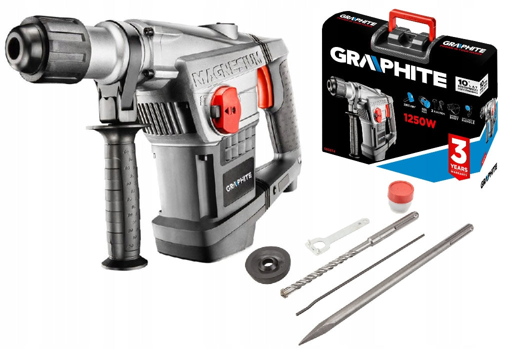 Graphite Młot udarowy SDS Max 1250W, walizka 58G874 do kucia betonu i prac remontowych, energia udaru 10 J, zasilanie