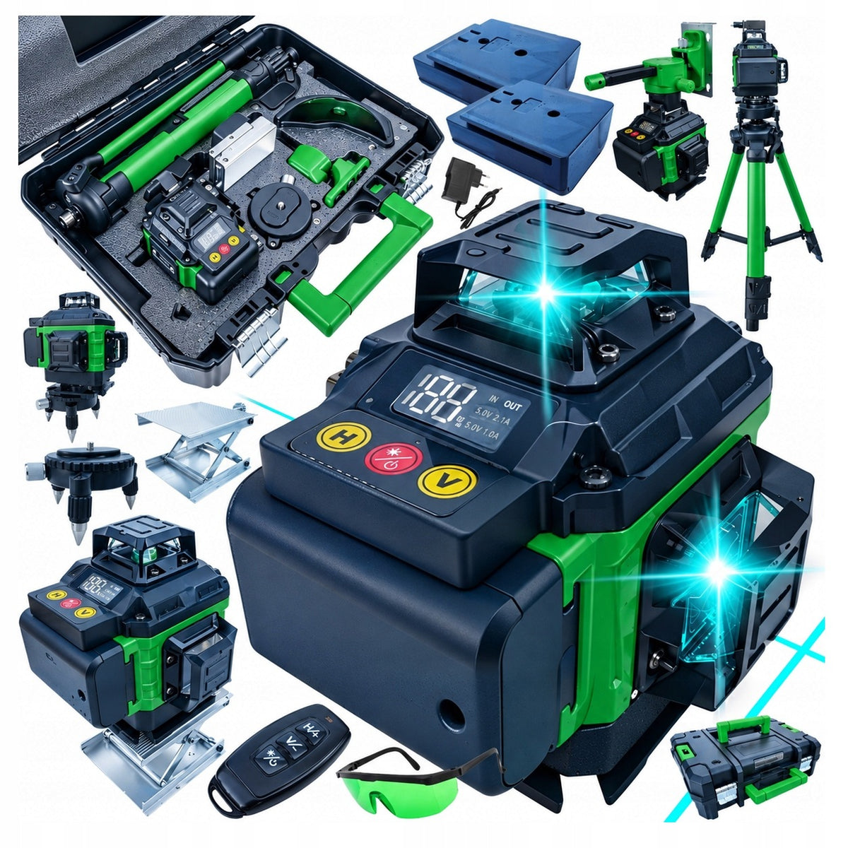 Poziomica laserowa laser krzyżowy zielony samopoziomująca LCD 360 2 baterie niwelator 4D, zasięg 40 m, statyw, walizka