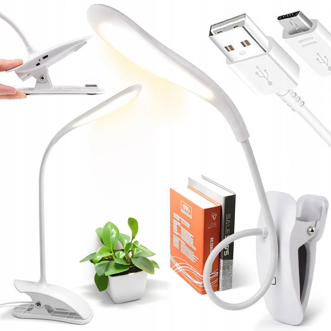 LAMPKA BIURKOWA LED Z KLIPSEM USB NOCNA DO CZYTANIA KSIĄŻEK BEZPRZEWODOWA lampa akumulatorowa biała 42,8 cm do nauki i