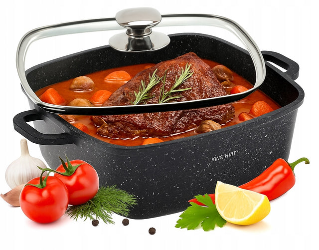 Garnek 6,5 L brytfanna gęsiarka 28 x 28cm Patelnia Indukcja Gaz naczynie aluminiowe z powłoką marmurkową, do duszenia i smażenia, pokrywka w zestawie