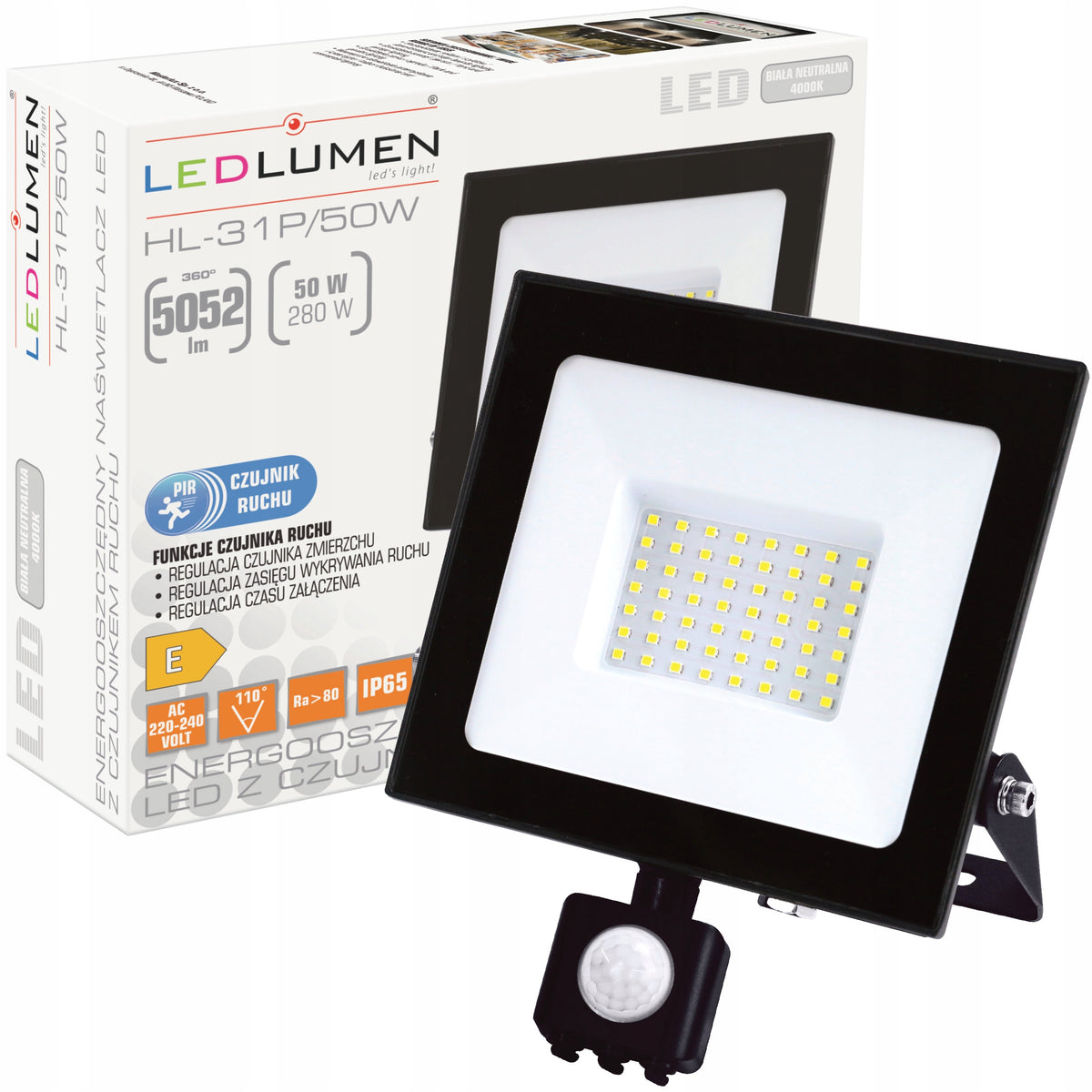 Naświetlacz LED 50W=280W z Czujnikiem Ruchu Halogen Zewnętrzny 5052lm Lampa reflektor IP65 neutralne białe 4000K do