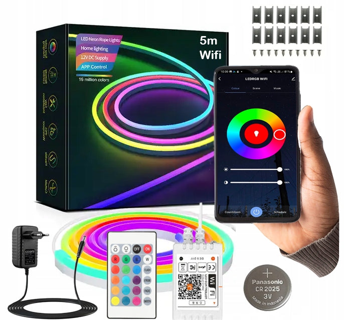 Taśma neon LED 5m 5050 RGB wifi tuya aplikacja pilot wododporna pasek 12V podświetlenie dekoracyjne, oświetlenie