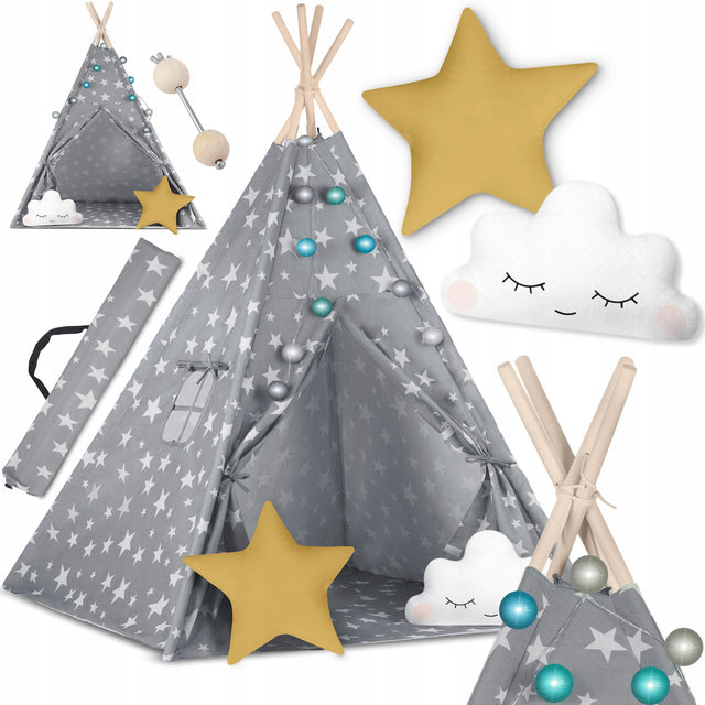 Tipi namiot wigwam dla dzieci teepee Poduszki Lampki Pokrowiec Nukido iglo szare, od 3 lat, 120 x 190 cm