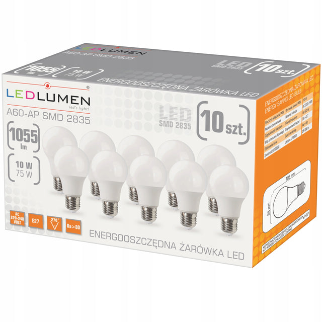 Zestaw 10x Żarówka LED E27 10W=75W 1055lm 270° Brak Migotania Ciepła 3000K Kulka, tradycyjny kształt do lamp domowych, jasne oświetlenie wnętrz