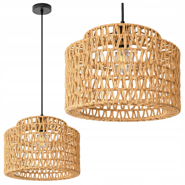 Lampa Wisząca Pleciona Sznur Jutowy boho Ażurowy Abażur Rattan Vintage zwis sufitowy 1xE27 do salonu, jadalni i kuchni, klosz 20 cm, wysokość 110 cm