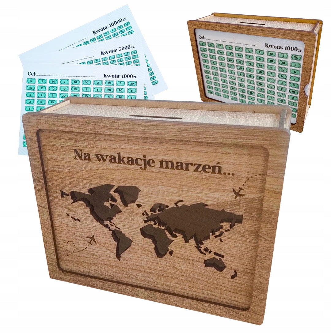 Skarbonka Wykreślanka, Skarbonka drewniana Wielokrotna, Zmontowa, Prezent pudełko na oszczędności, do odkładania