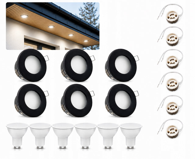Zestaw 6x Oprawa Hermetyczna do Podbitki IP44 + 6x GU10 LED 5W + 6x oprawka oczka sufitowe podtynkowe czarne 4000 K 400 lm