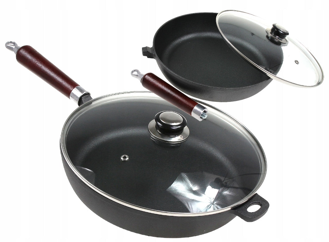 Patelnia z Pokrywką żeliwna 28cm Duża indukcja GAZ do smażenia, na kuchenkę elektryczną i ceramiczną, do piekarnika