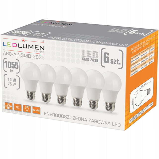 Zestaw 6x Żarówka LED E27 10W 1055lm Ciepła 3000K A60 Brak Migotania 270° źródło światła do lampy, kulisty kształt, energooszczędne oświetlenie