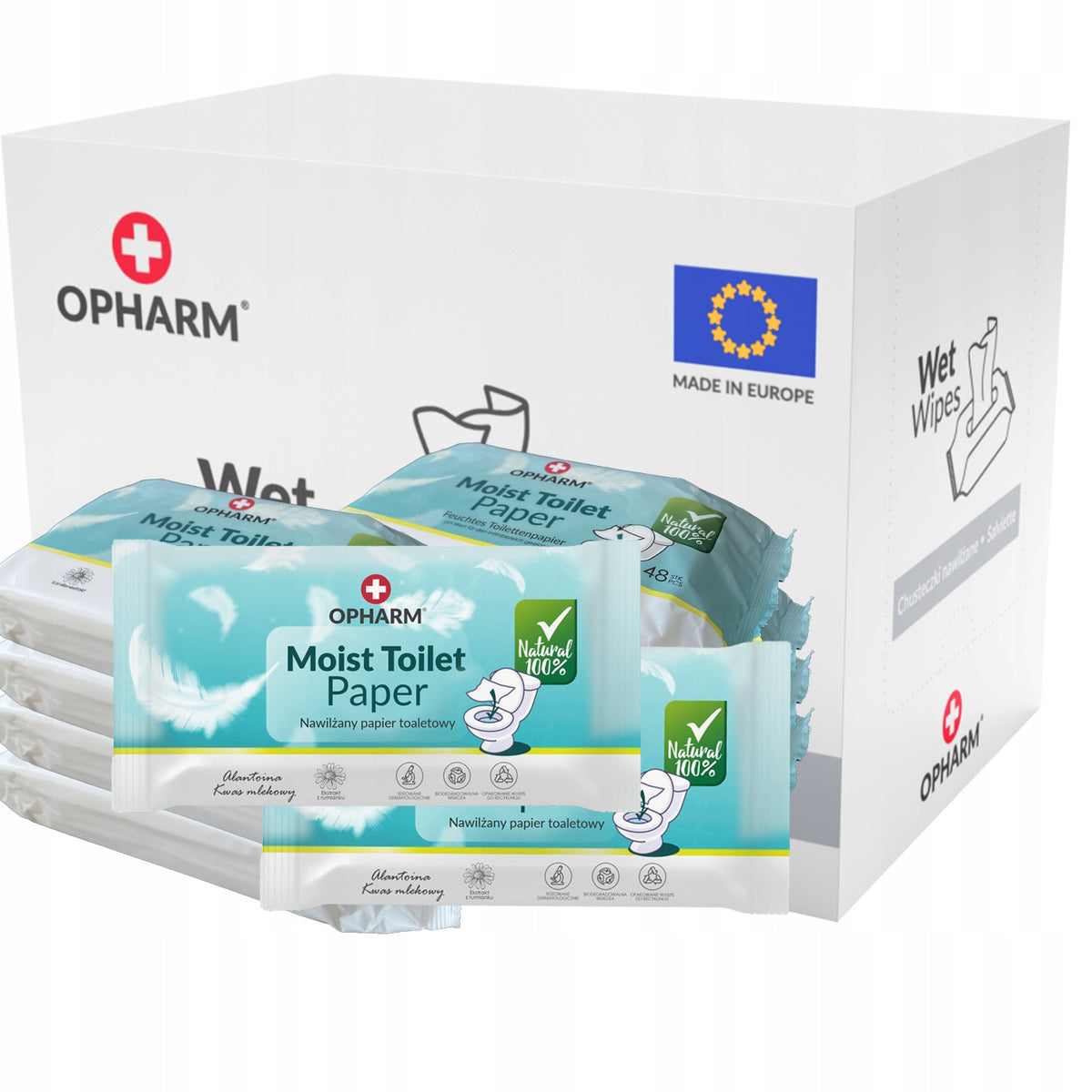 Nawilżany papier toaletowy Opharm Toilet Wipes 10x48 szt. PL chusteczki higieniczne rumiankowe, celulozowe