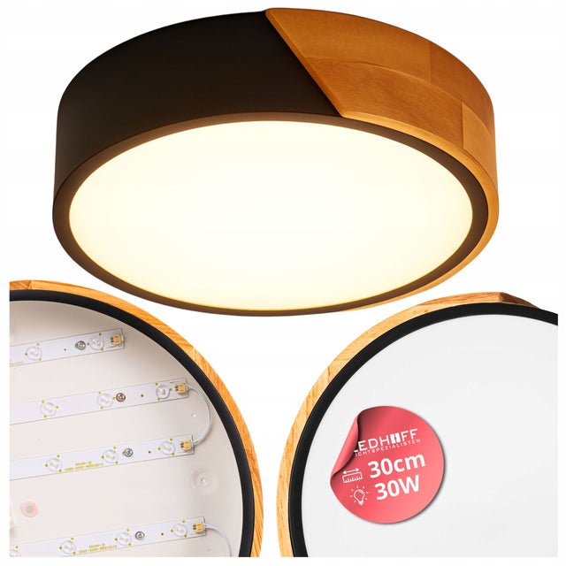 Plafon sufitowy Lampa LED z drewnem czarna 30cm 30W boho do pokoju mała okrągła oprawa oświetleniowa, zintegrowane źródło, neutralna barwa