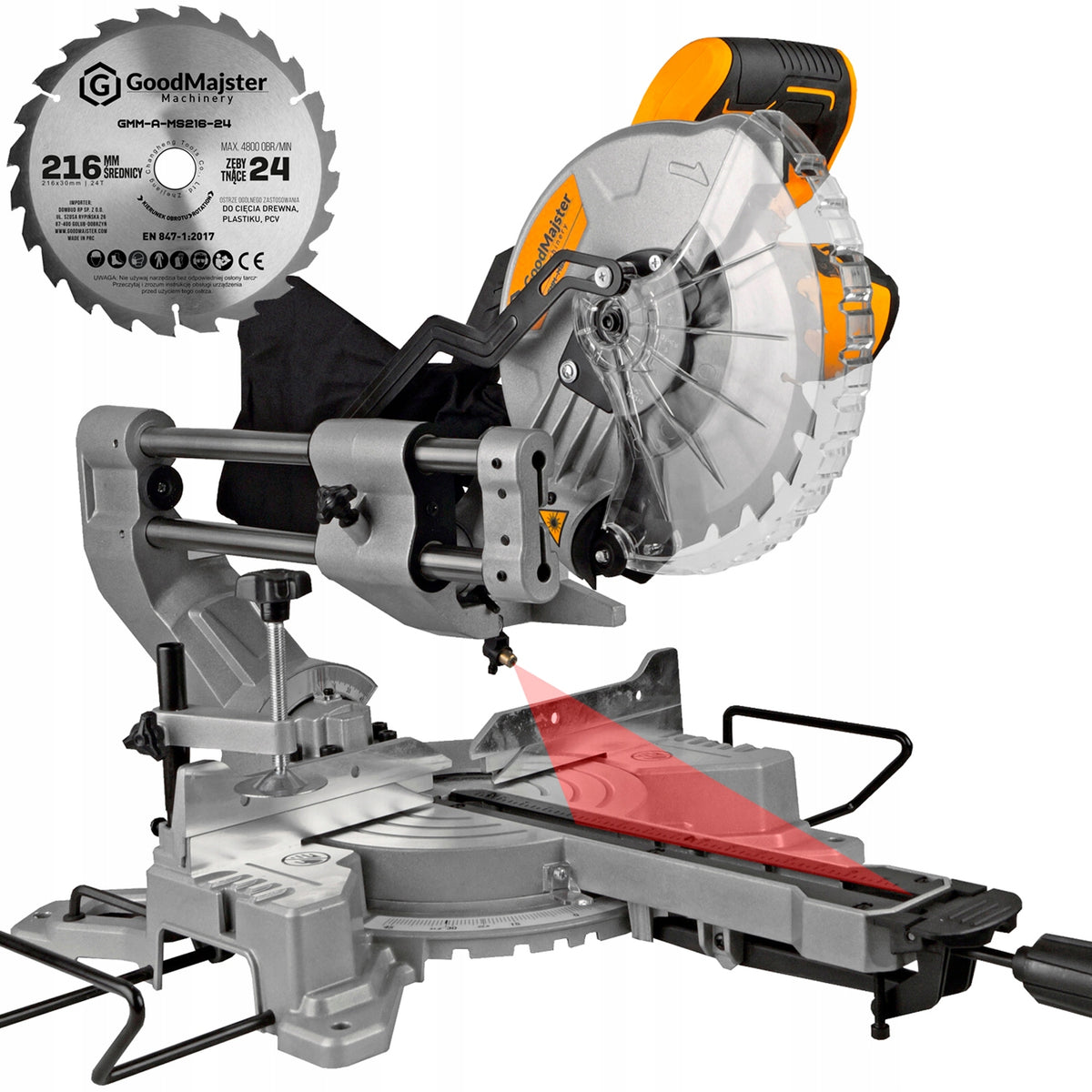 Piła ukośnica z posuwem laser pilarka ukosowa Kapówka 1500W 216mm GMM-MS216 cięcie pod kątem 90°, szerokość 215 mm