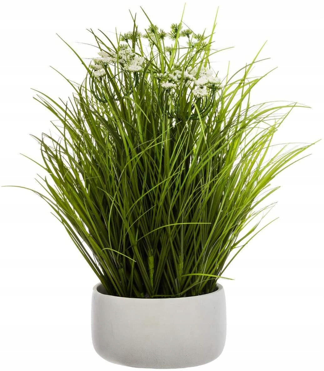 Sztuczna roślina w donicy trawa białe kwiaty 40 cm ozdoba do salonu, dekoracja wnętrza, zielona kompozycja florystyczna