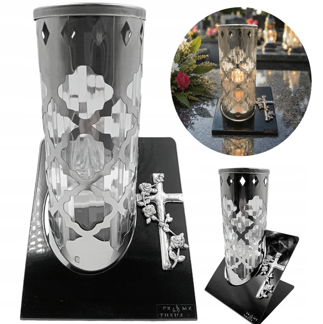 Znicz Lampion Piękny Srebrny Metalowy 23cm Srebrny Krzyżyk lampka nagrobna, dekoracja cmentarna, światło LED na grób