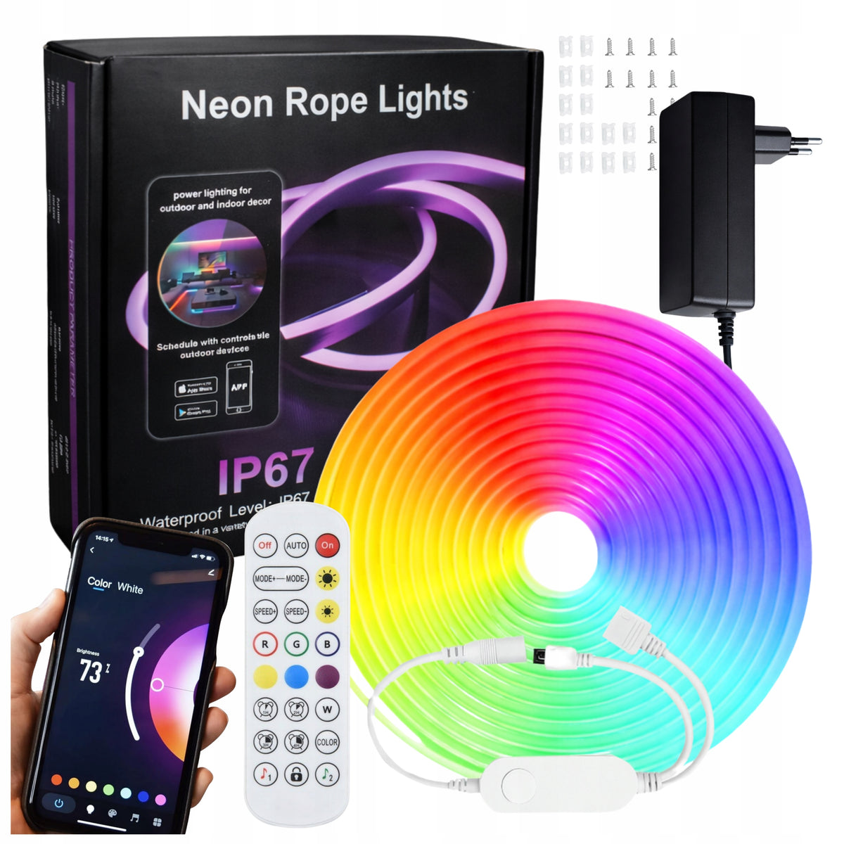 Taśma LED RGB neon 15m wodoodporna IP67 pilot + sterowanie aplikacją wąż świetlny dekoracyjny wielokolorowy 24V 60W do