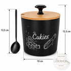 Cukiernica Metalowa 600 ml Czarna z Bambusową Pokrywką i Łyżeczką Premium Pojemnik na cukier, owalne naczynie do kawy i