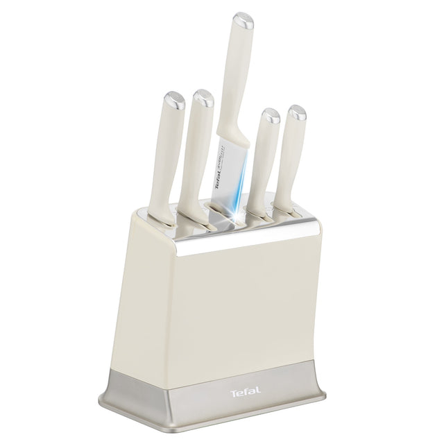Noże ze stali nierdzewnej tefal EverSharp Pro blok ostrzałka 6 el. beżowe do krojenia, 5 sztuk, zintegrowany system ostrzenia