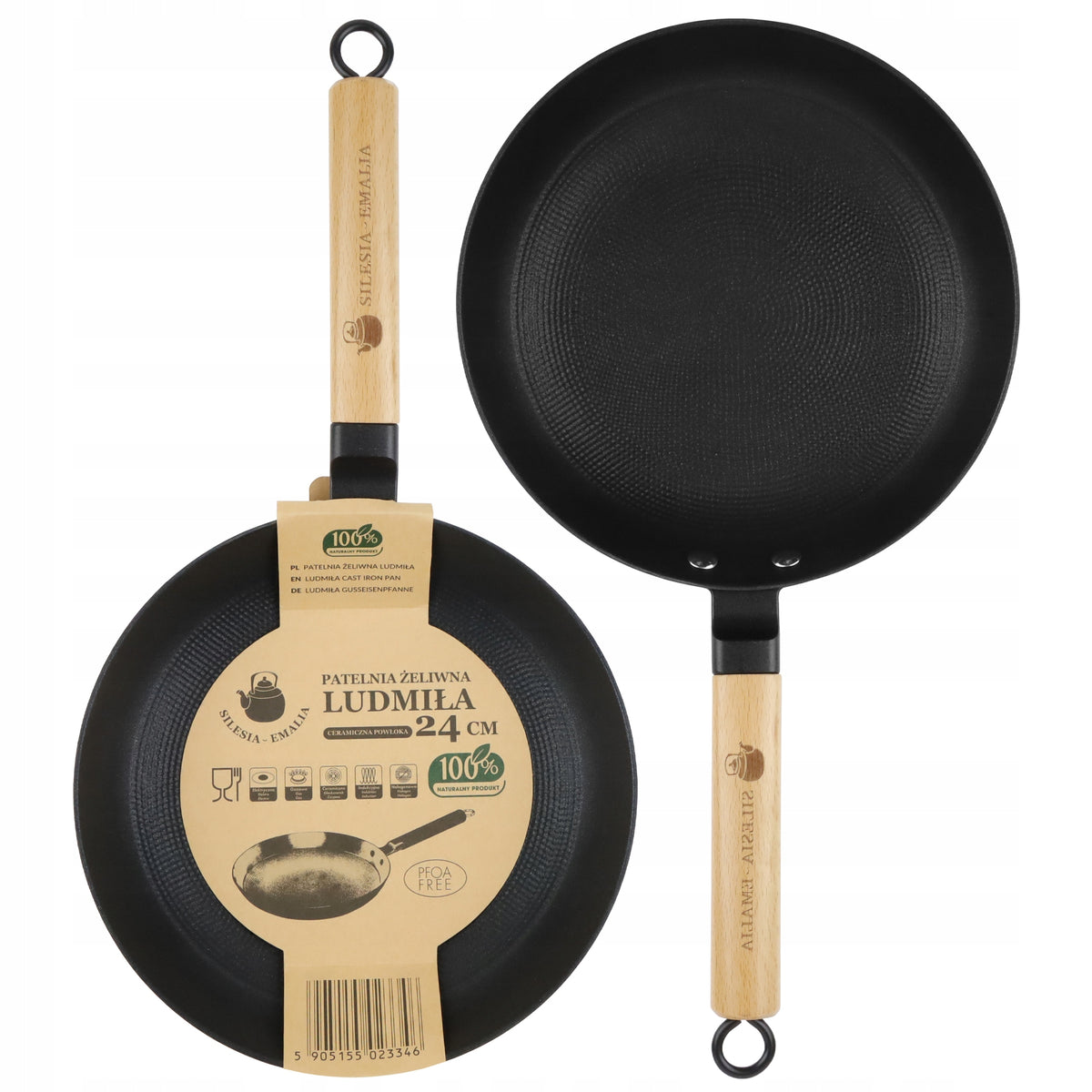 Patelnia żeliwna z drewnianą rączką LUDMIŁA 24cm INDUKCJA GAZ ŻELIWO DREWNO do smażenia, na kuchenkę ceramiczną i