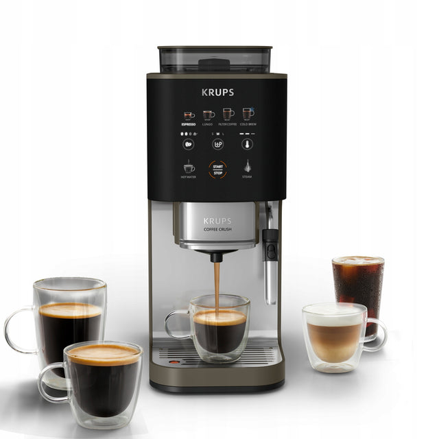 Ekspres do kawy ciśnieniowy krups Coffee Crush kolbowy 15 cm szer. młynek na ziarna i mieloną, espresso, lungo, czarna, gorąca woda, 15 bar