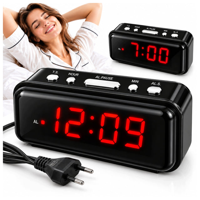 Budzik elektroniczny zegar sieciowy duży wyświetlacz LCD alarm 24H czarny cyfrowy czasomierz do sypialni z cyframi arabskimi