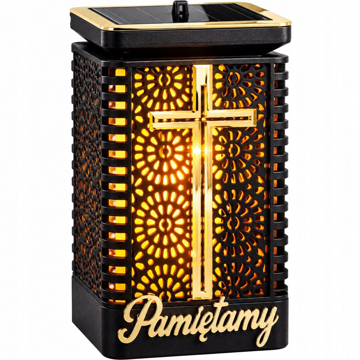 Znicz solarny na grób LED z krzyżem Pamiętamy lampion cmentarny solar lampka nagrobna, oświetlenie miejsca pamięci