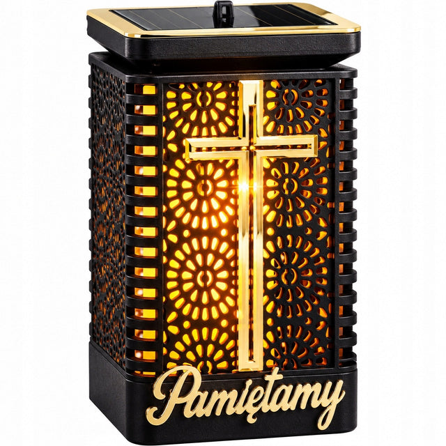 Znicz solarny na grób LED z krzyżem Pamiętamy lampion cmentarny solar lampka nagrobna, oświetlenie miejsca pamięci, ponad 75 h, wysokość 15,5 cm