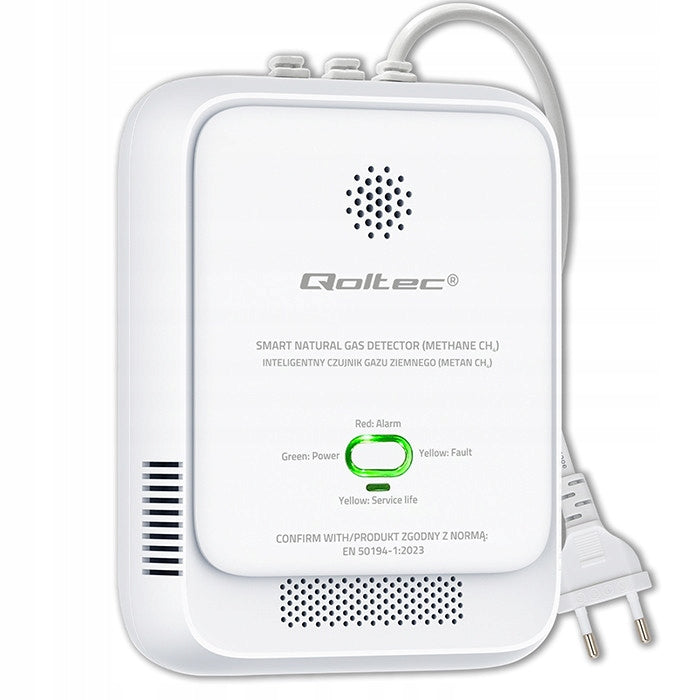 Czujnik Gazu Ziemnego Metan CH4 Qoltec Detektor 85dB LED 230V Certyfikat alarm do wykrywania wycieków, przewodowy