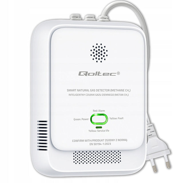 Czujnik Gazu Ziemnego Metan CH4 Qoltec Detektor 85dB LED 230V Certyfikat alarm do wykrywania wycieków, przewodowy, zasilanie awaryjne