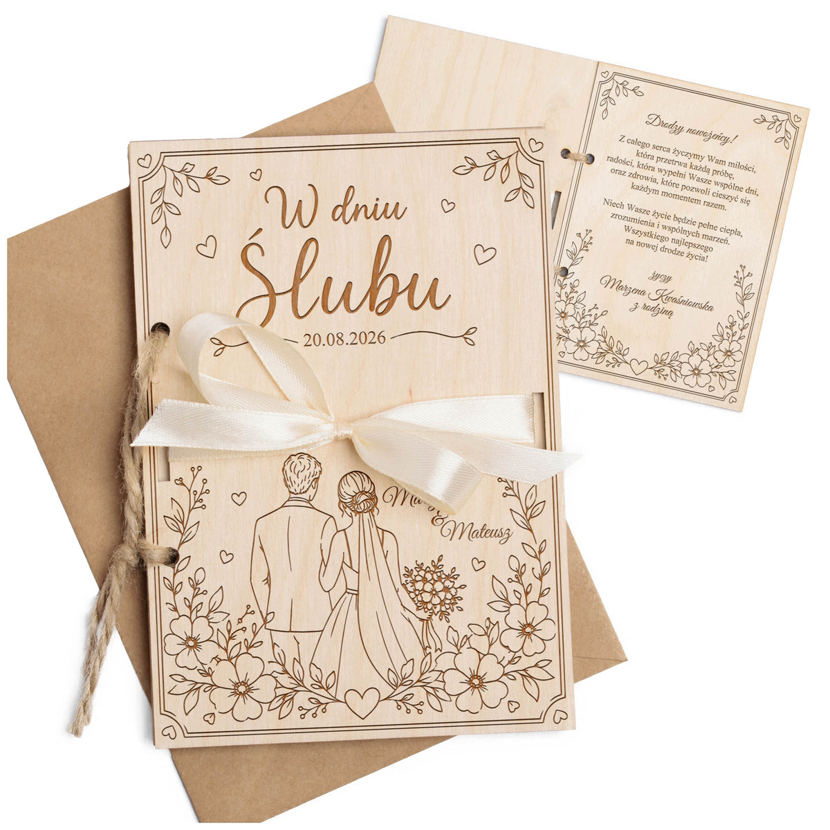 Kartka ślubna grawerowana z kokardą personalizowane życzenia pamiątka ślub drewniana z kopertą na rocznicę, 11,5 x 16,5