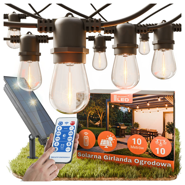 Girlanda Solarna Ogrodowa Lampki Solarne 10m 10X Żarówka LED E27 + Pilot łańcuch świetlny na taras, ciepłe białe światło, 10 punktów