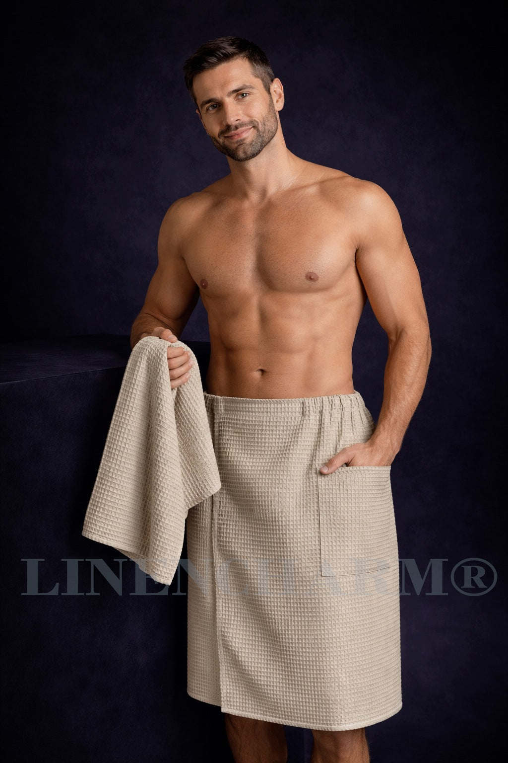 Zestaw Męski Kilt do Sauny + Ręcznik SPA Wafel 100% Bawełna Szary Beż L okrycie kąpielowe szybkoschnące, zapinane na