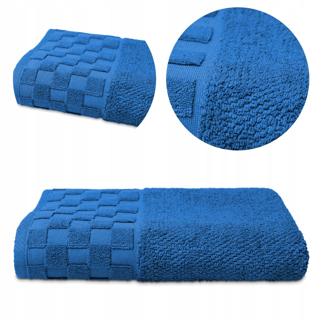 Ręcznik kąpielowy 70x140 premium 550g duży gruby bawełniany Grid niebieski szybkoschnący, geometryczny, na prezent