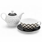 Dzbanek Filiżanka Spodek Porcelana Komplet 3w1 Imbryk do Kawy Herbaty czajniczek 320 ml, biało-czarny, można myć w