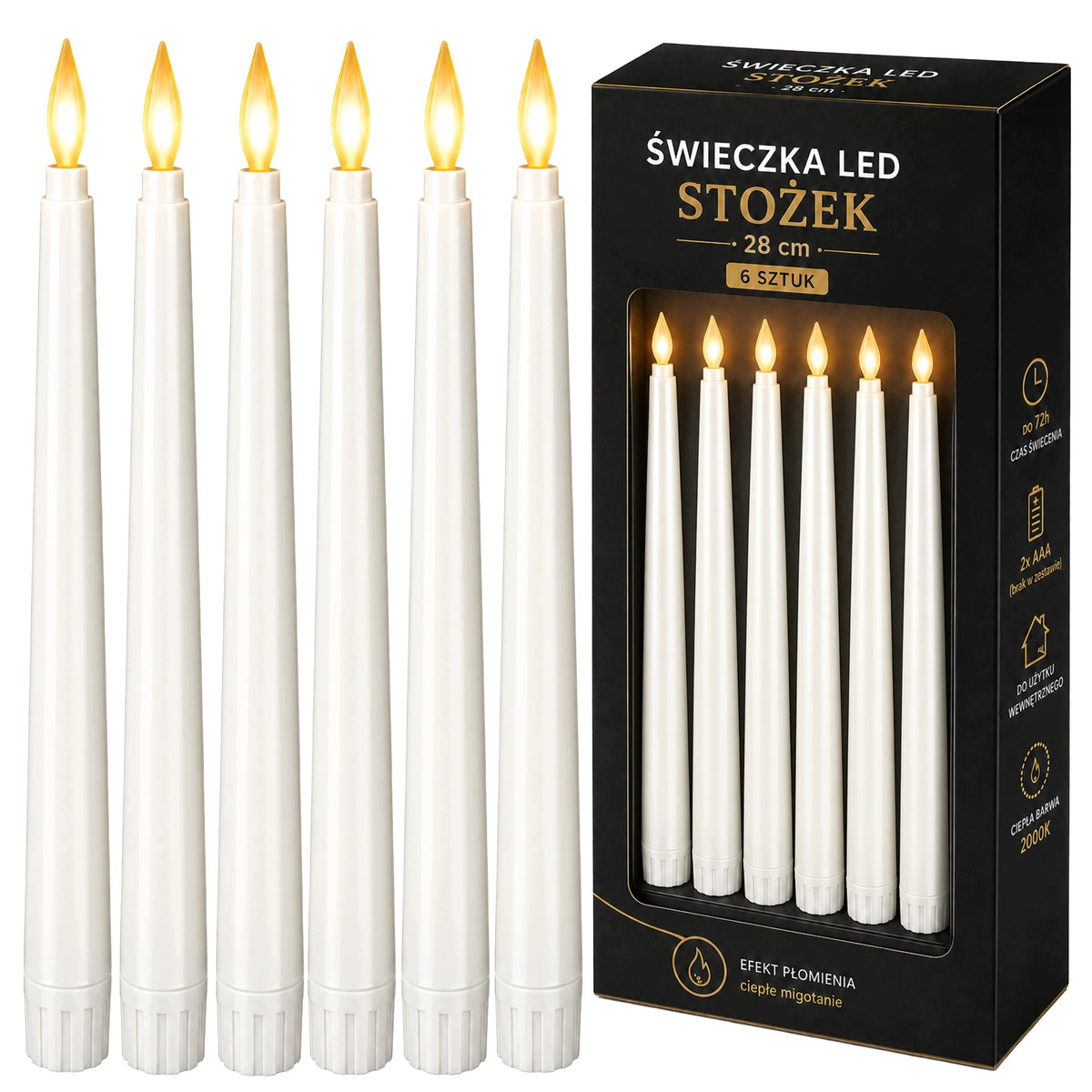 Świece LED Stożkowe 28cm 2000K 2xAAA Efekt Płomienia 6szt Białe dekoracja stołu i wnętrz, zasilane bateriami