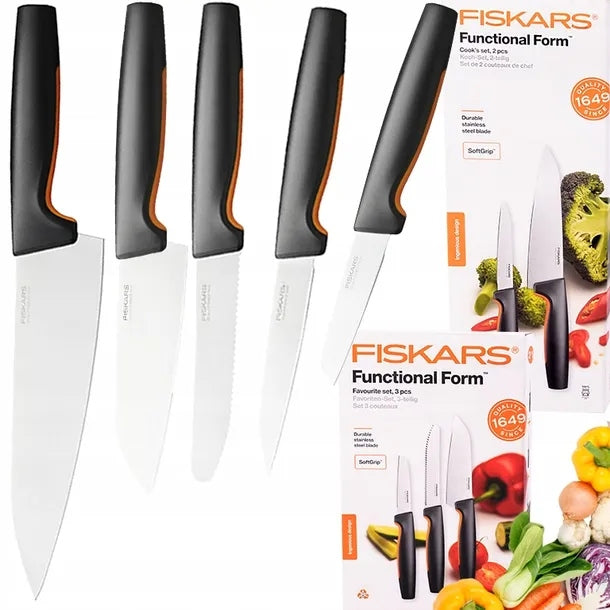 Fiskars zestaw 5 noży kuchennych NÓŻ do warzyw owoców szefa kuchni ostre obieranie, krojenie, siekanie, szatkowanie, akcesoria kulinarne w pudełku
