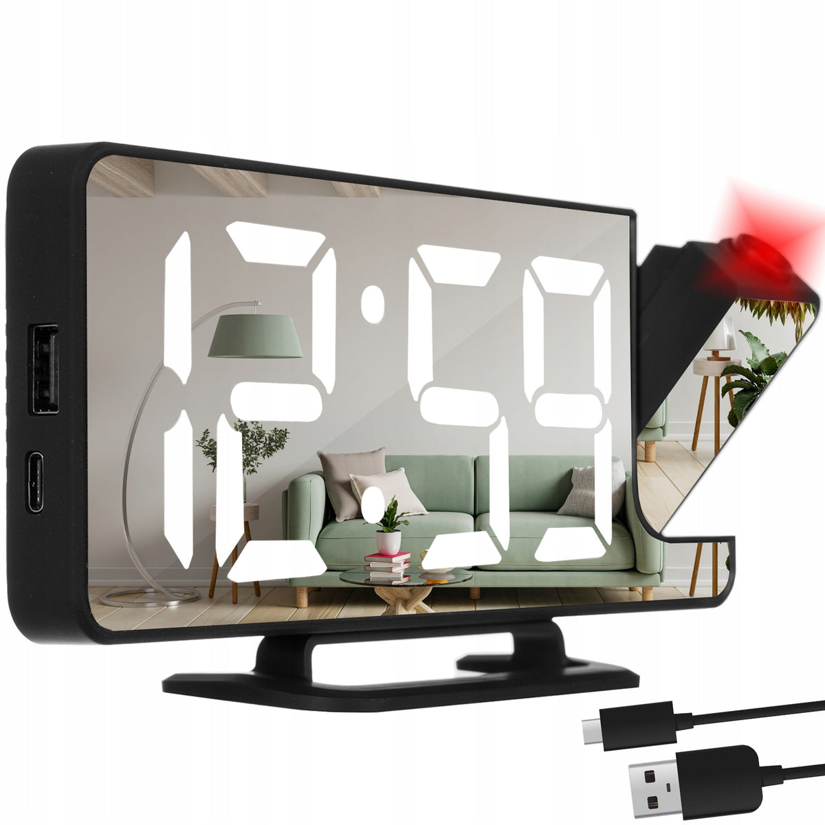Zegar cyfrowy LED z budzikiem, lusterkiem i projektorem elektroniczny czasomierz do sypialni, zasilanie USB, srebrny