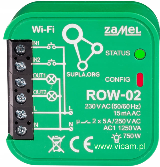 Sterownik 2-kanałowy Wi-Fi dopuszkowy Supla ROW-02 moduł do puszki elektrycznej, bezprzewodowy przekaźnik do zdalnego sterowania urządzeniami i