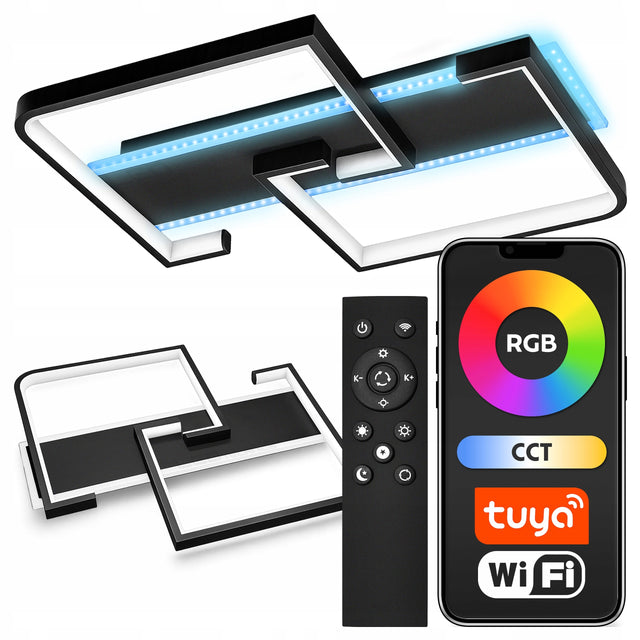 Lampa Sufitowa Czarna Plafon RGB CCT 46W LED 5060lm Aplikacja Tuya smart oprawa do salonu i sypialni, 3 punkty świetlne, aluminiowa