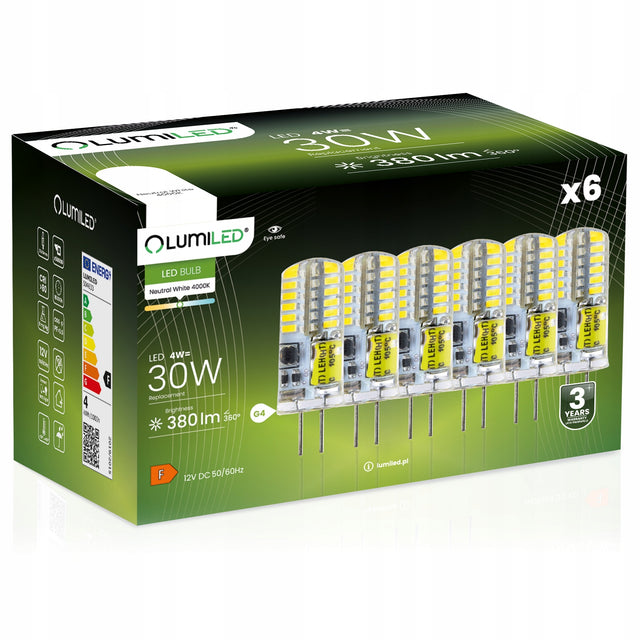 6x Żarówka LED G4 Kapsułka 4W = 30W 380lm 4000K Neutralna 360° 12V lumiled do opraw niskonapięciowych, oświetlenie meblowe i punktowe