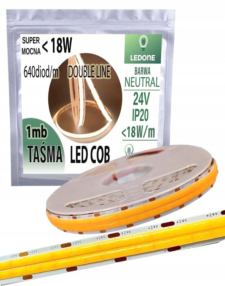 Taśma LED COB 24V mocna 18w/m 1800 lm/m neon linia double neutral 1m pasek świetlny do podświetlenia mebli, wnęk i