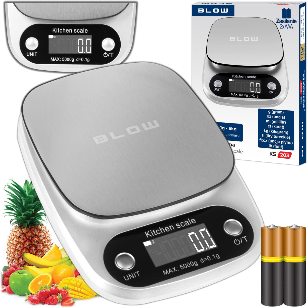 Elektroniczna waga kuchenna precyzyjna LCD 5kg 5000g/0.1g + baterie zestaw do pieczenia, gotowania, przelicznik ml, oz