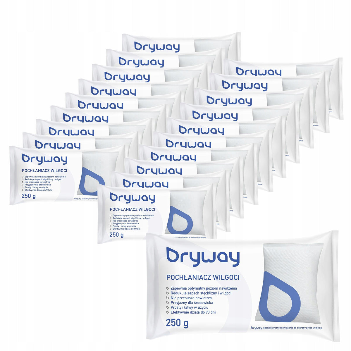 Uniwersalne wkłady do pochłaniacza wilgoci Dryway - 20 sztuk 250 g uzupełnienie do osuszacza powietrza, bezzapachowe