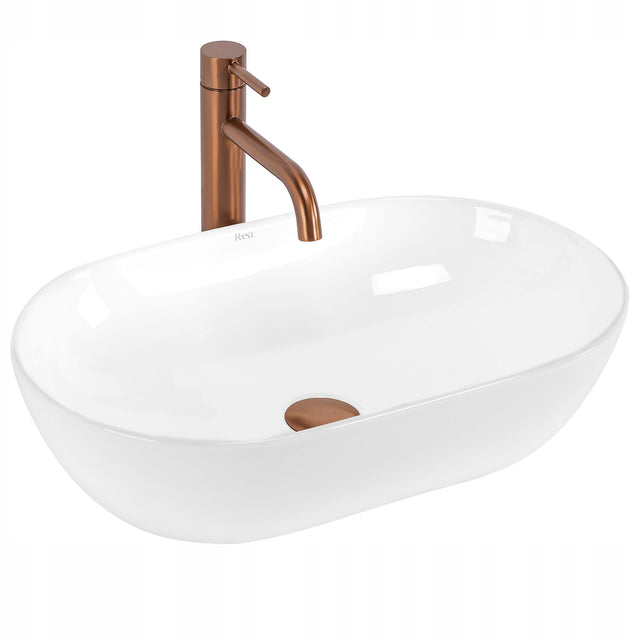 Umywalka Nablatowa owalna Rea Amelia 52 cm biały ceramiczna do łazienki bez otworu na baterię