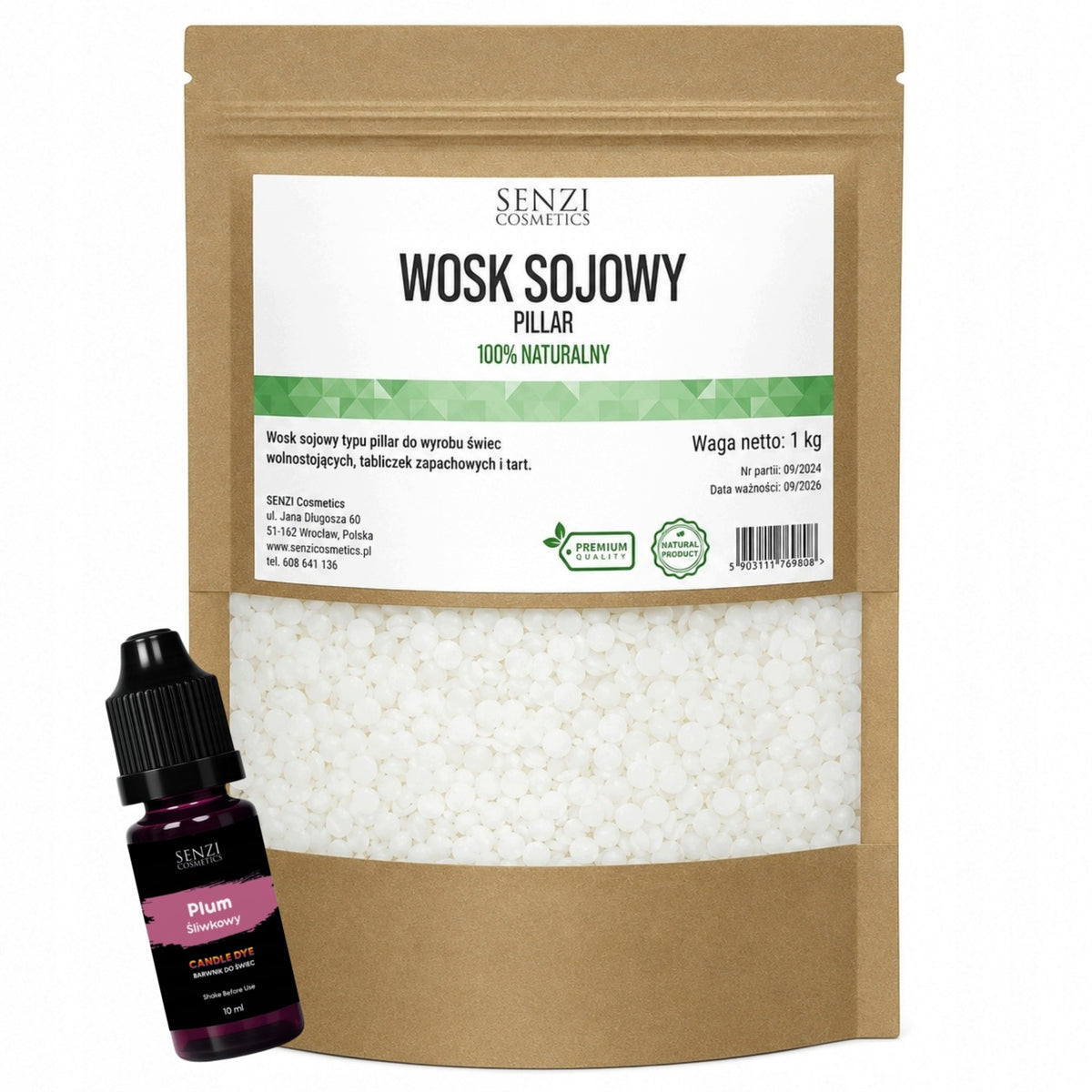 Wosk Sojowy PILLAR Do Świec Wolnostojących 1kg + Barwnik ŚLIWKOWY do rękodzieła, masa bezzapachowa, do wyrobu świeczek