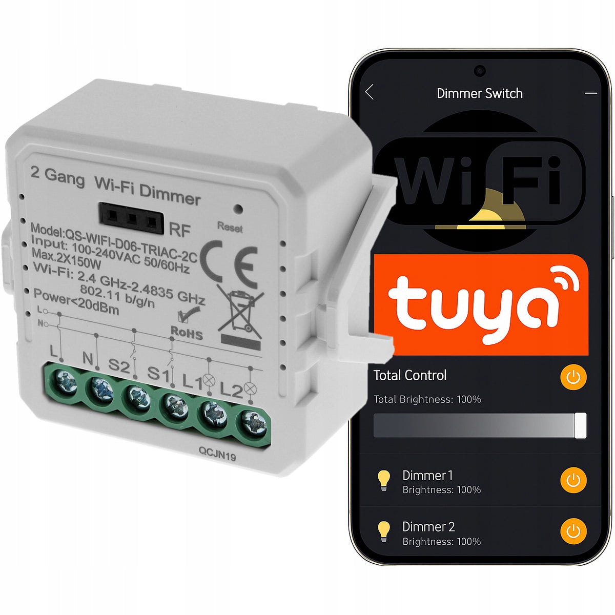 Ściemniacz 2 Kanały Włącznik do Światła Żarówek LED 230V wifi tuya Smart regulator jasności, sterownik oświetlenia