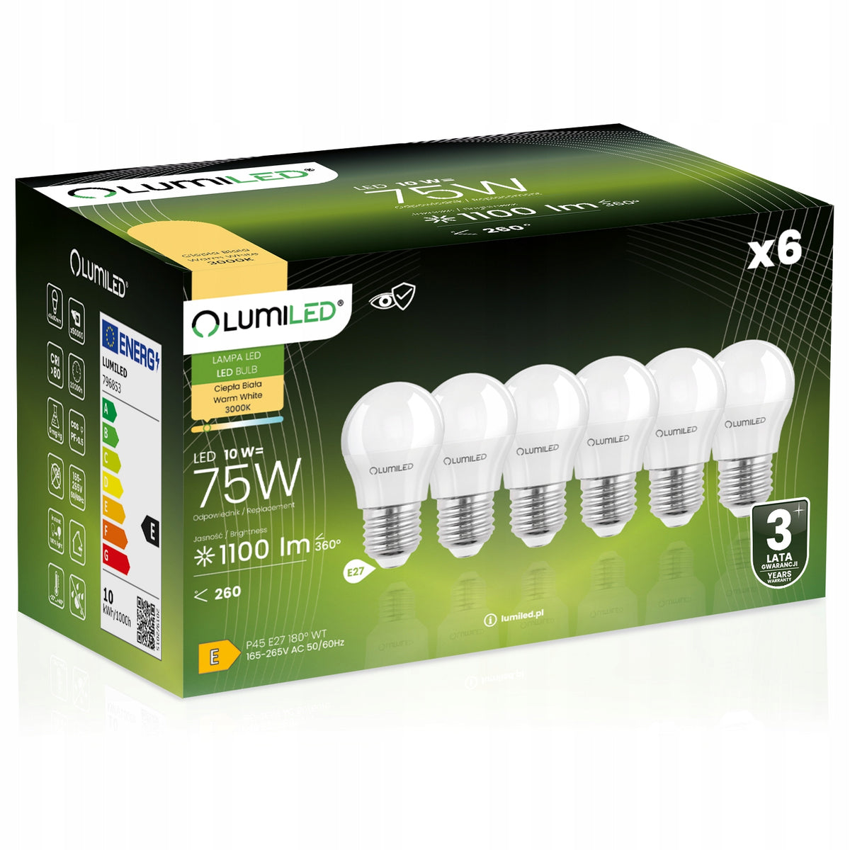 6x Żarówka LED E27 Kulka P45 10W = 75W 1100lm 3000K Ciepła 180° lumiled do lamp i opraw, do salonu i sypialni