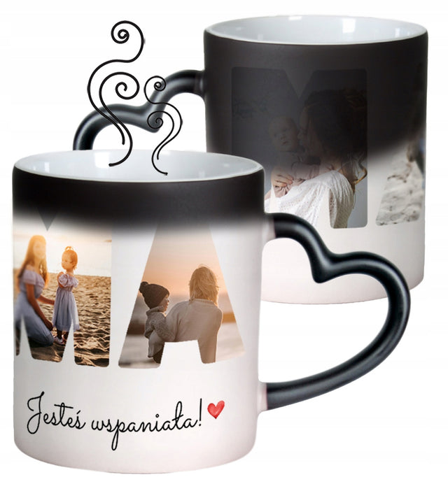 Magiczny foto kubek serce z twoim własnym nadrukiem zdjęciem na prezent zmieniający kolor, ceramiczny 330 ml dla zakochanych