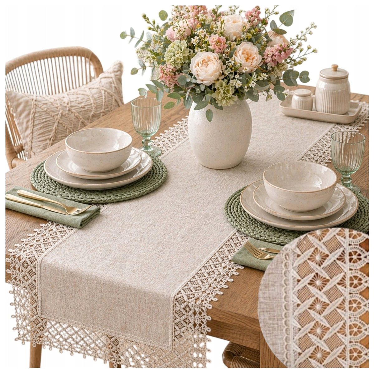Bieżnik na stół ławę wiosenny beżowy gładki elegancki z gipiurą 40x160 boho serweta, nakładka dekoracyjna, poliester