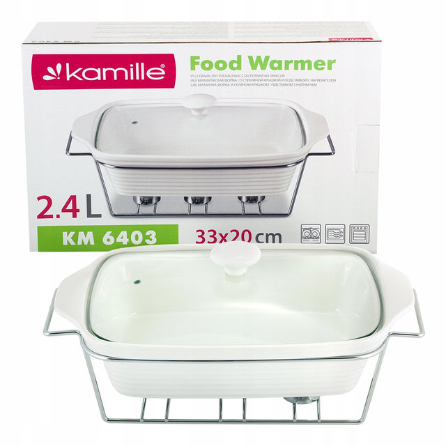 Naczynie z podgrzewaczem żaroodporne ceramiczne 2,4 L z pokrywką kamille forma do zapiekania prostokątna do pieczenia i serwowania potraw