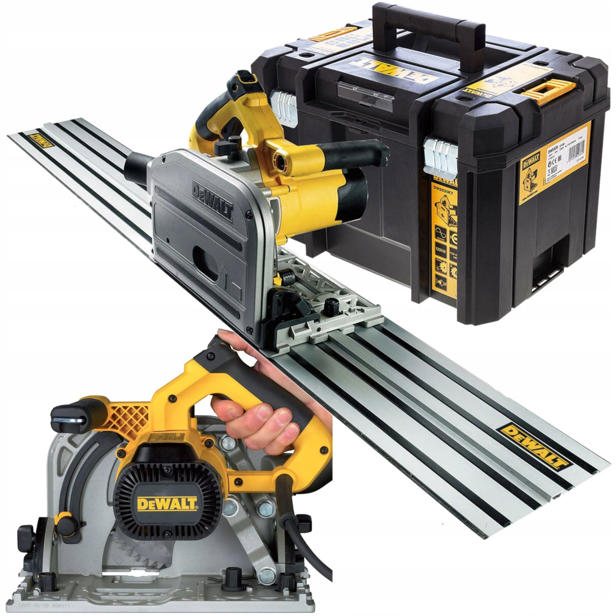 ZAGŁĘBIARKA DEWALT DWS520KTR 55mm 1300W + KUFER TSTAK SZYNA DWS5022 150cm pilarka tarczowa do drewna, odsysanie pyłu
